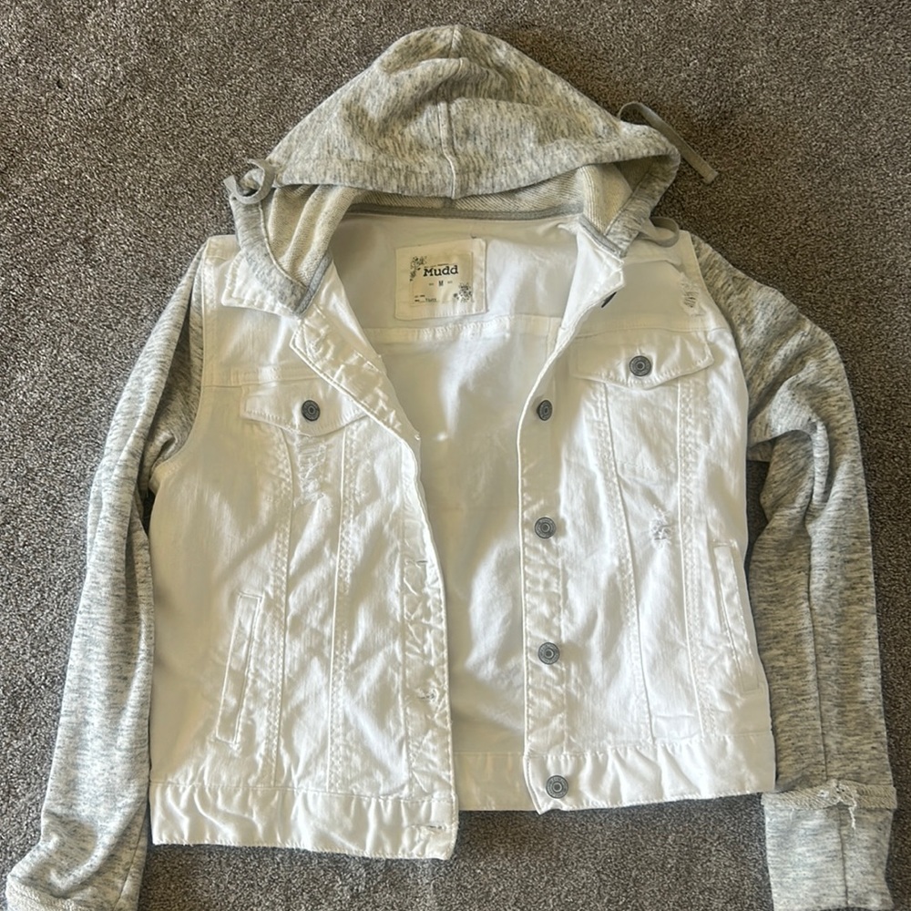 White jean jacket with grey hood and sleeves